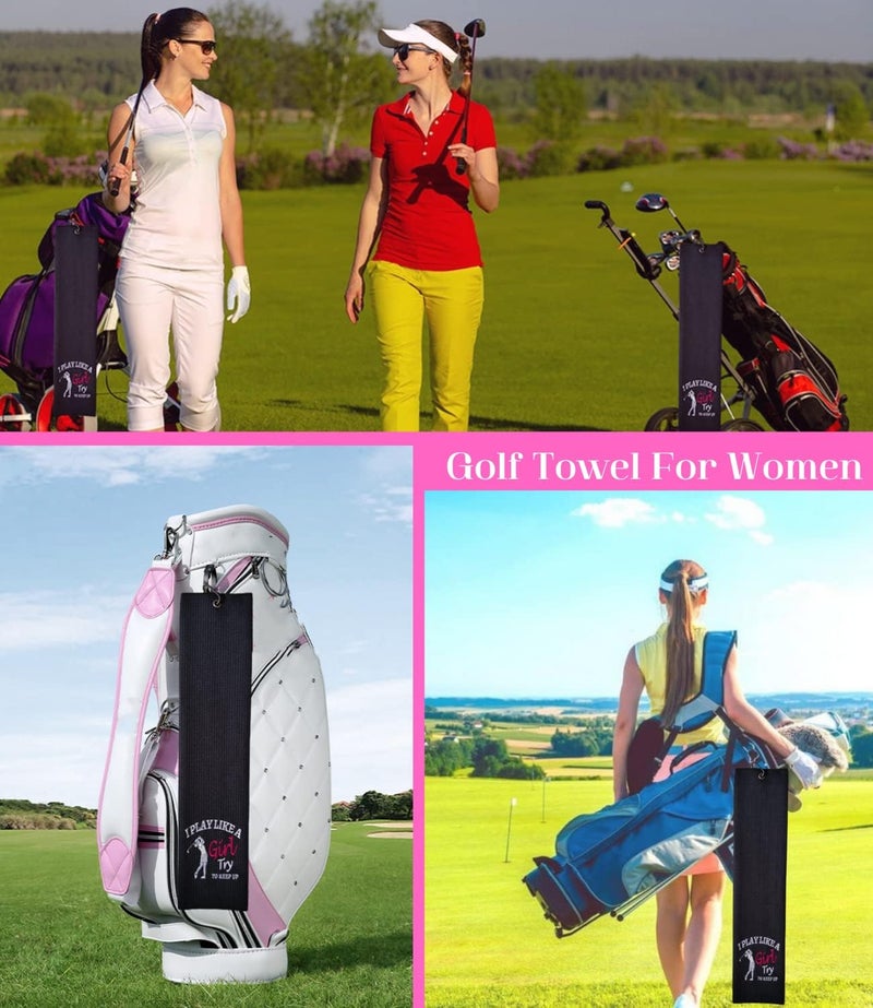 botogift Funny Golf Towel, I Play Like A Girl Try to Keep up - Golf Gifts for Women, Golf Accessories for Women, Embroidered Towels for Bags with Clip, Black - Image 3